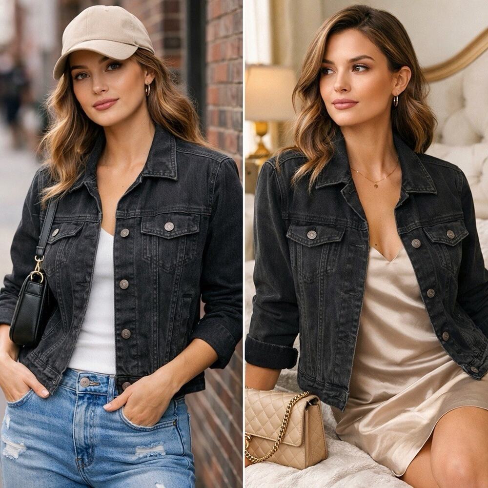 Vintage Abercrombie & Fitch Black Denim Jacket Size S Classic Trucker Fitted Y2K